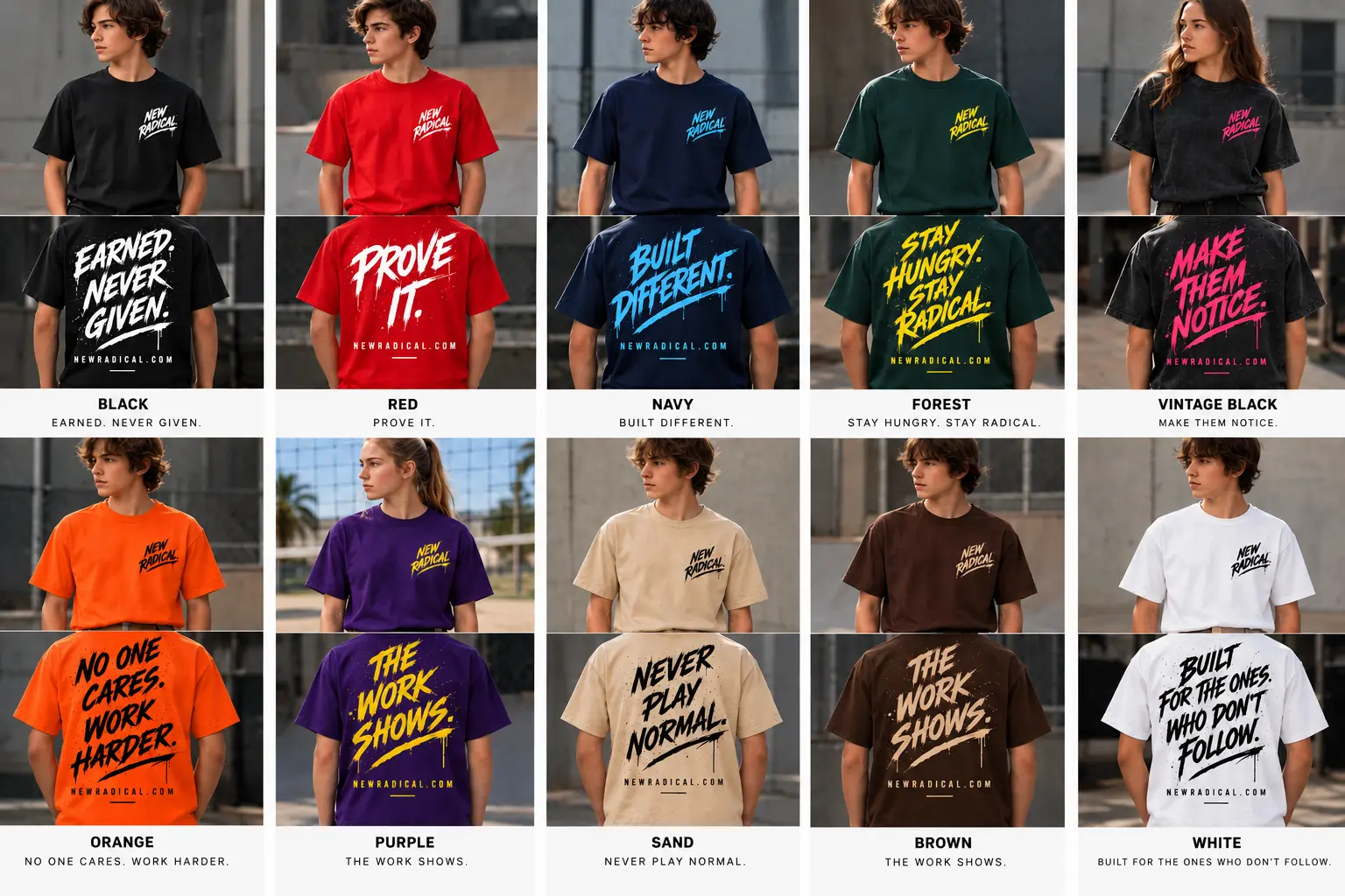 New Radical streetwear lookbook showing ten shirt designs and their front and back statements
